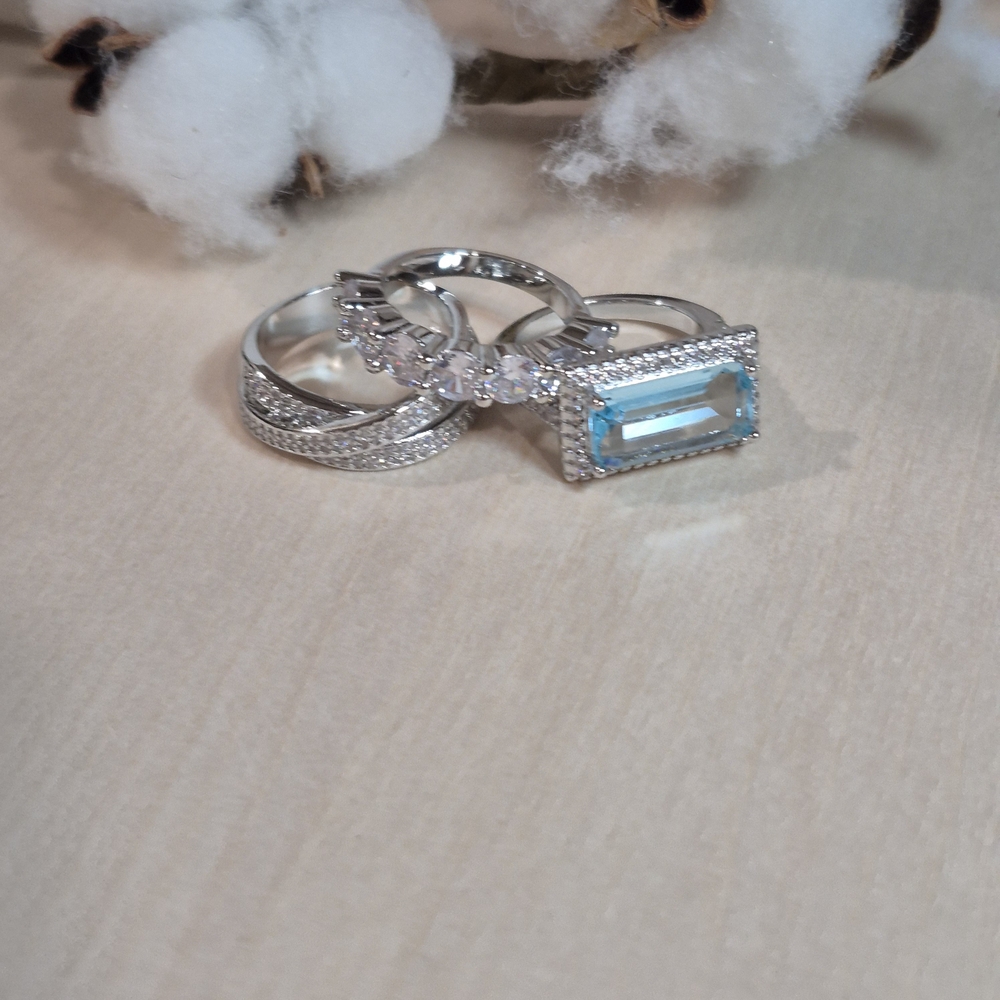 🩵🩶NEW🩵🩶 STUNNING!! Vintage 3PC Set Aquamarine CZ'S Rings In SILVER Plating - Picture 7 of 16